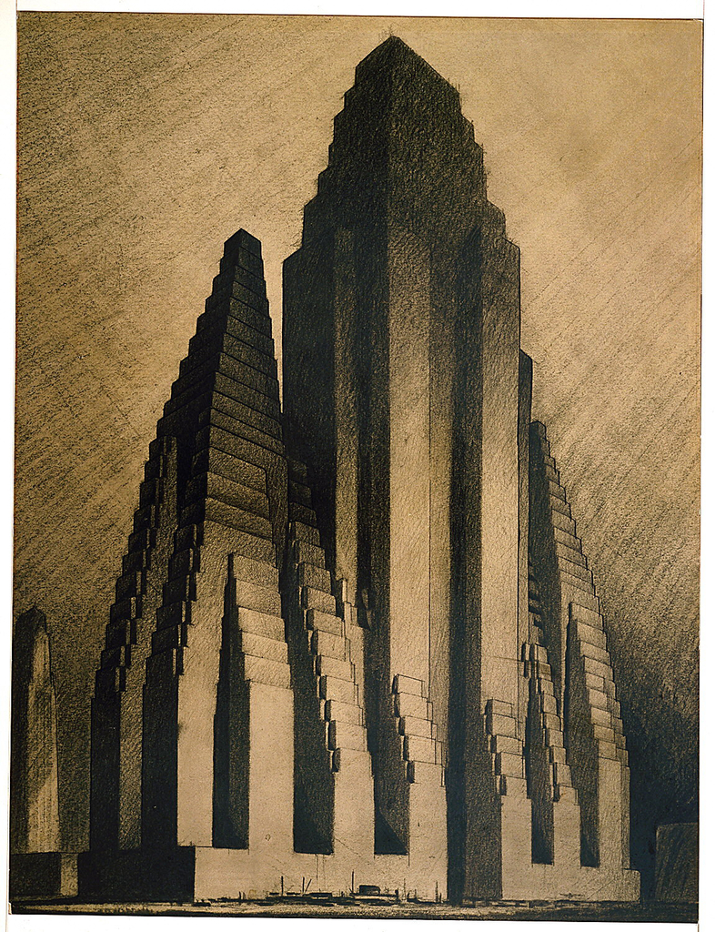 Hugh Ferriss 1922 study of a setback skyscraper shaped by the New York zoning law