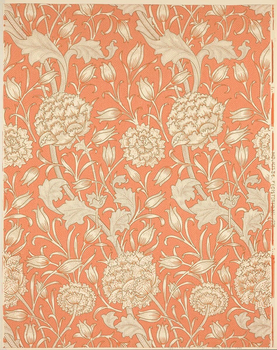 William Morris Wild Tulip wallpaper design from 1884 with repeating stylised flowers and foliage