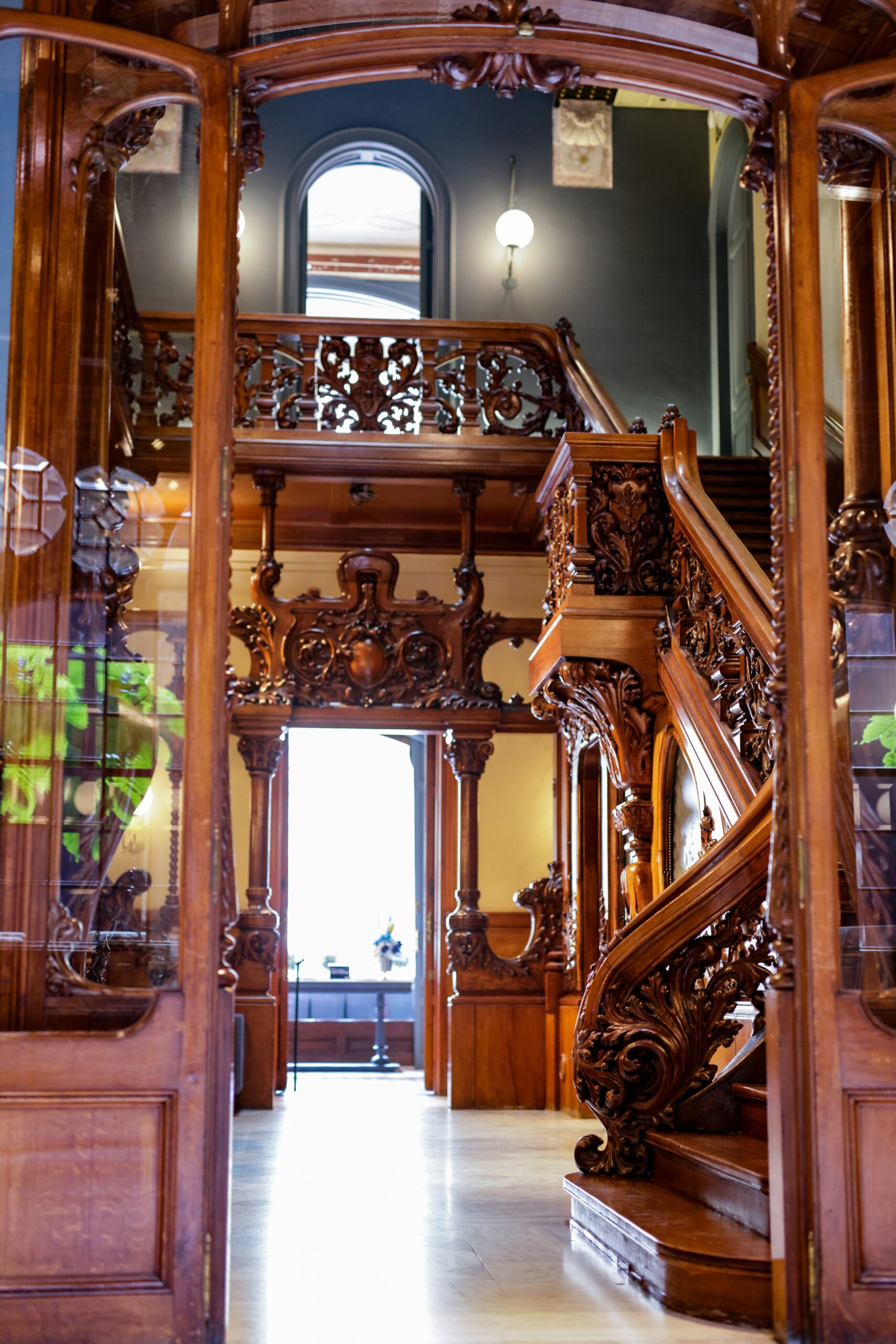 Historic interior staircase with timber panelling, mouldings and period architectural details