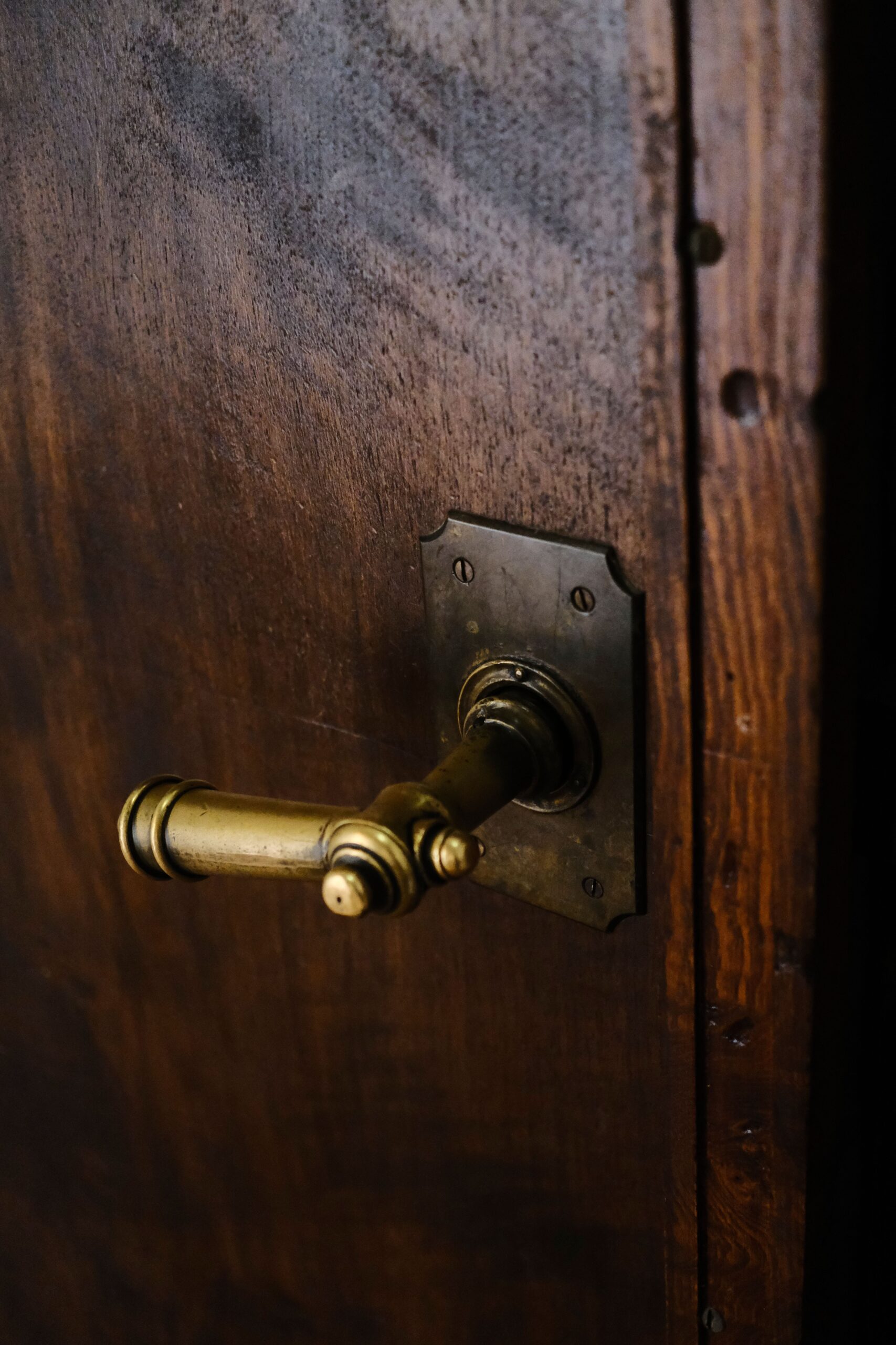 Vintage brass door handle on a wooden door showing material, patina and craftsmanship